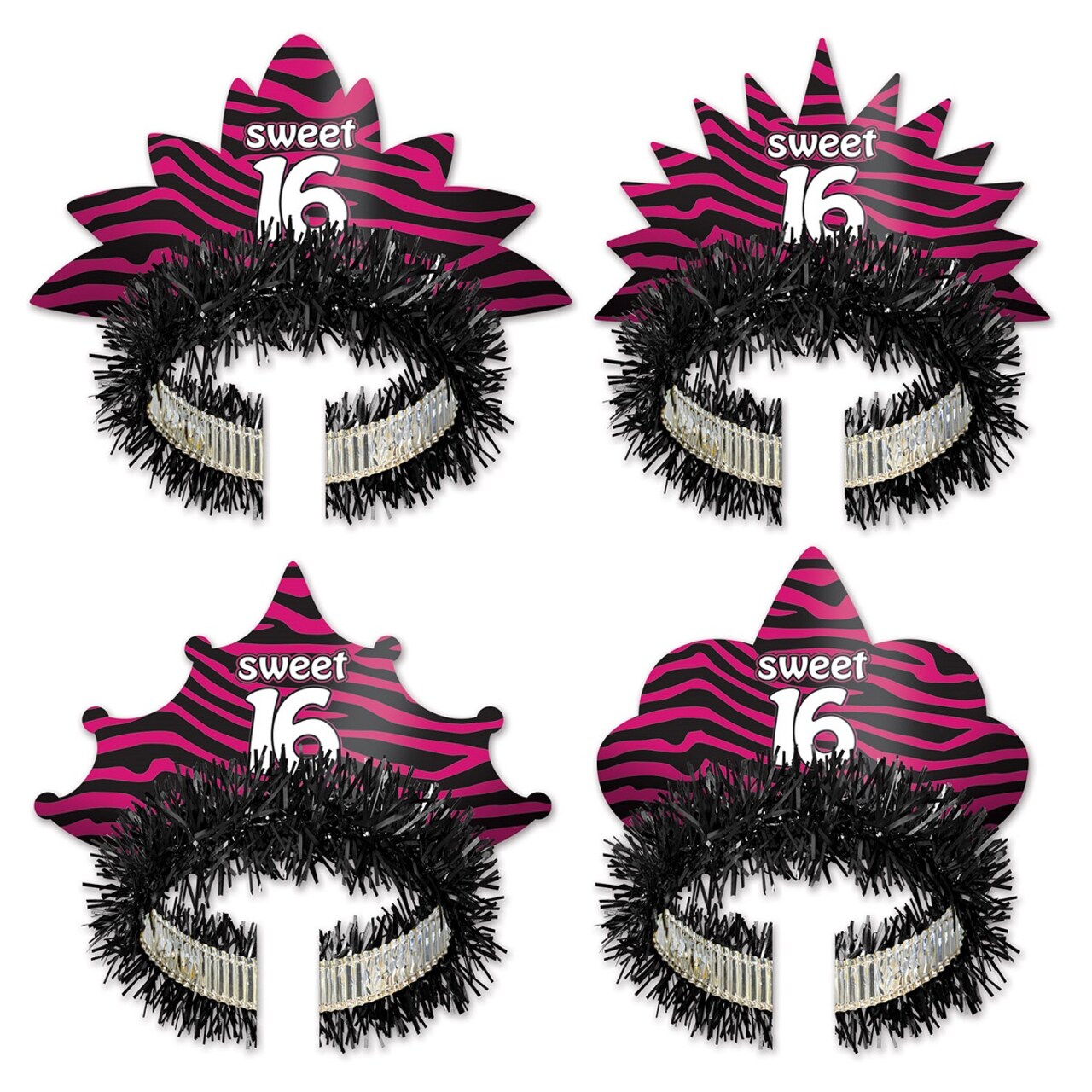 Party Central Club Pack of 24 Black and Pink Zebra Sweet 16 Fringed Tiara Costume Accessories - One Size